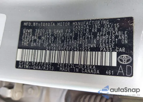 2015 Toyota Corolla S Plus from USA, damaged, VIN 2T1BURHE6FC401925